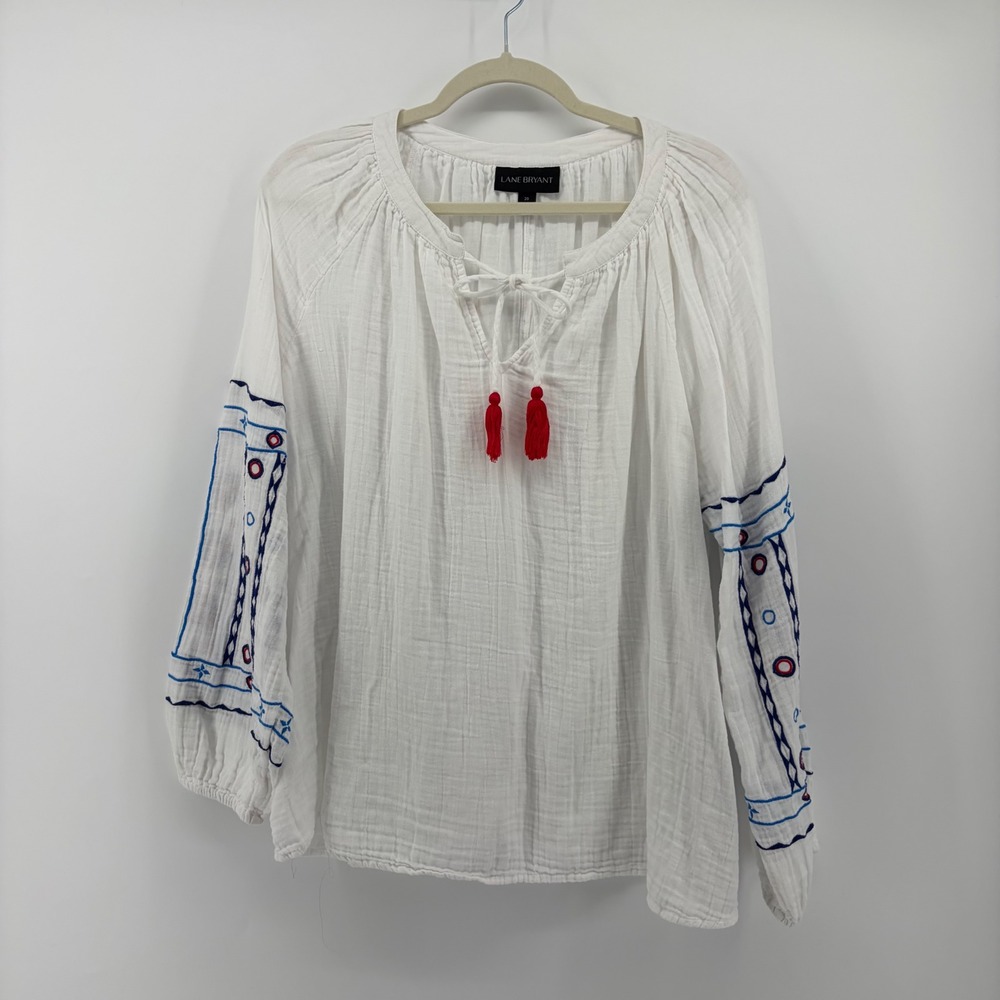 Lane Bryant Womens 20 White Blouse Embroidered Cotton Gauze Peasant Tassel Top